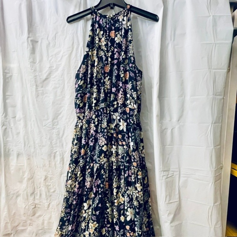 Tahari Arthur S. Levine Navy Floral Halter Smocked Waist Tiered Maxi Dress 16 - Picture 5 of 10